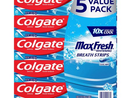 Colgate Max Fresh Toothpaste with Mini Breath Strips, Cool Mint, 5 pk. 7.3 oz. For Sale