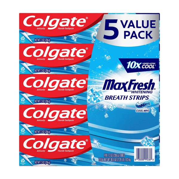 Colgate Max Fresh Toothpaste with Mini Breath Strips, Cool Mint, 5 pk. 7.3 oz. For Sale