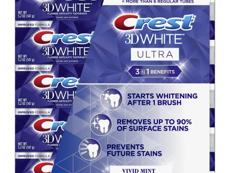 Crest 3D White Ultra Teeth Whitening Toothpaste, Vivid Mint, 5 pk. 5.2 oz. For Sale