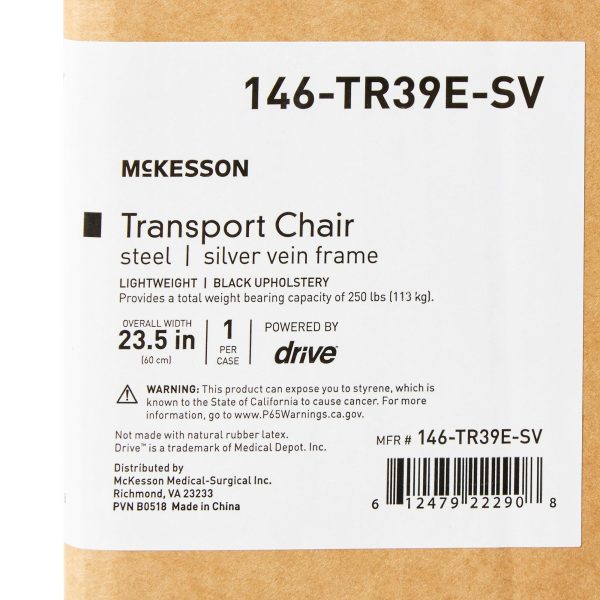 Lightweight Transport Chair McKesson Steel Frame with Silver Vein Finish 250 lbs. Weight Capacity Fixed Height   Padded Arm Black Upholstery For Discount