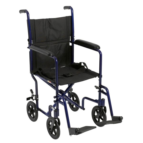 McKesson Lightweight Transport Chair Aluminum Frame with Blue Finish 300 lbs. Weight Capacity Fixed Height   Padded Arm Black Upholstery Hot on Sale