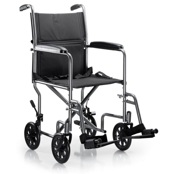 Lightweight Transport Chair McKesson Steel Frame with Silver Vein Finish 250 lbs. Weight Capacity Fixed Height   Padded Arm Black Upholstery For Discount