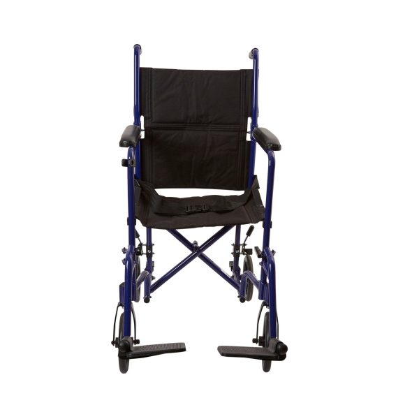 McKesson Lightweight Transport Chair Aluminum Frame with Blue Finish 300 lbs. Weight Capacity Fixed Height   Padded Arm Black Upholstery Hot on Sale